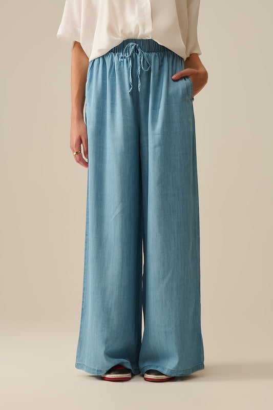 Q2 Pantalon large en Tencel bleu