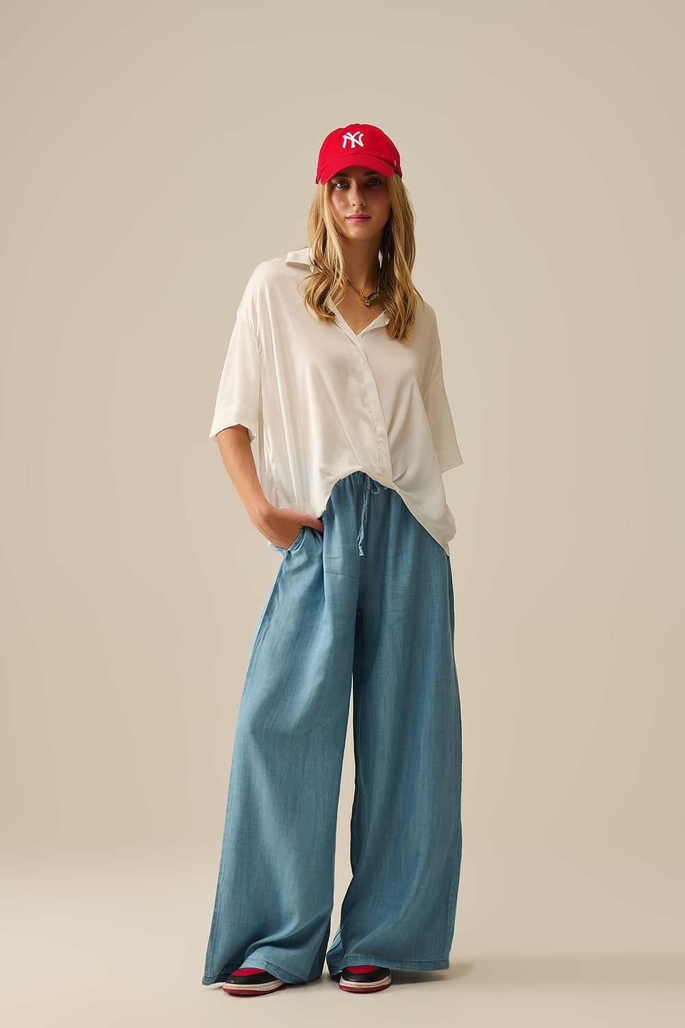 Pantalon large en Tencel bleu