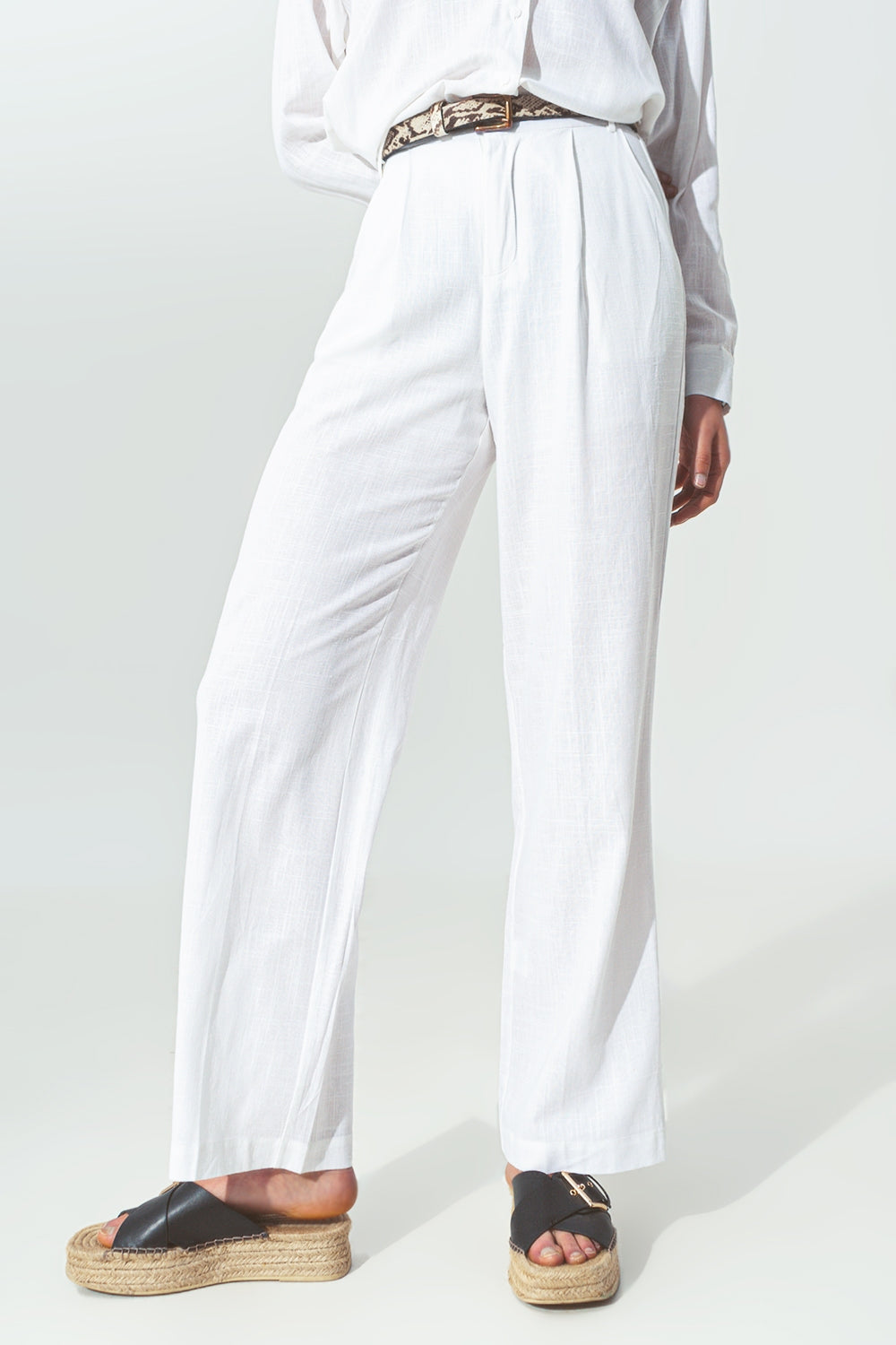 Q2 Pantalon large en tissu de coton léger Blanc