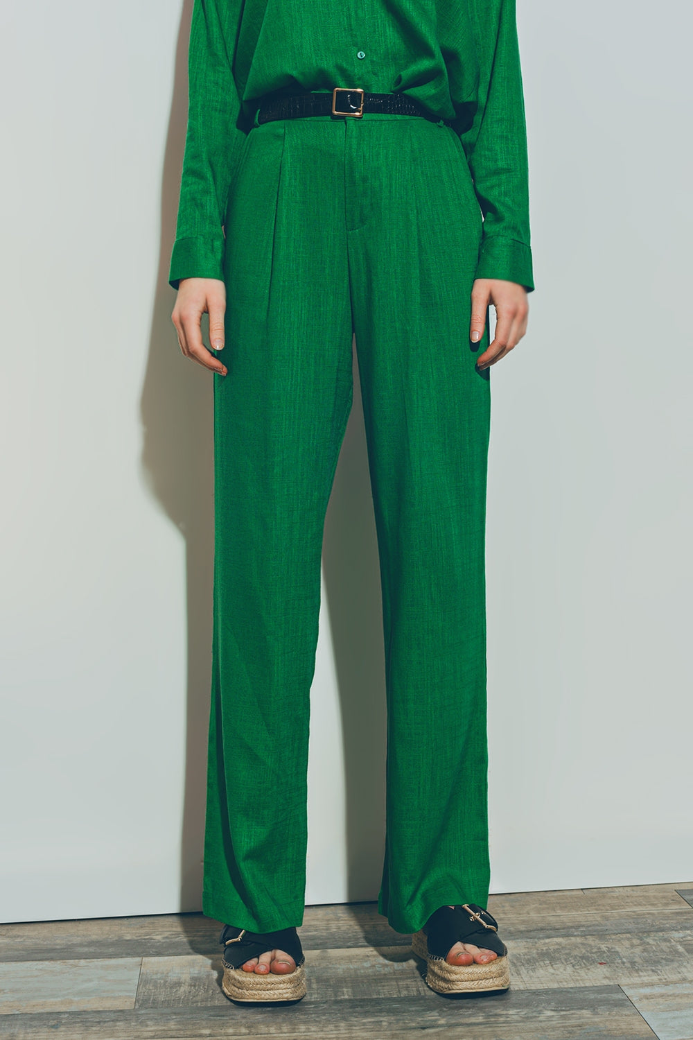 Q2 Pantalon large en tissu de coton léger vert