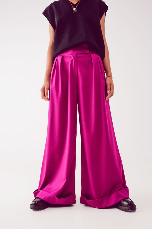 Q2 Pantalon large plissé en fuchsia