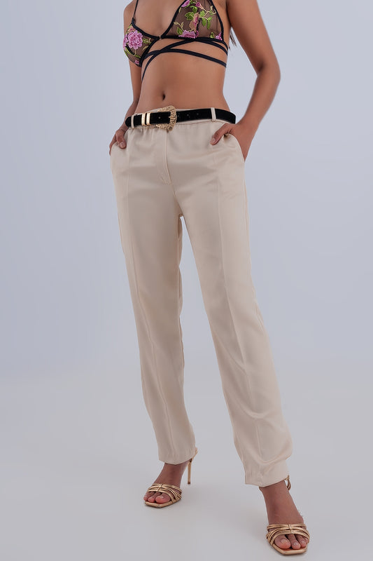 Q2 Pantalon large satiné beige