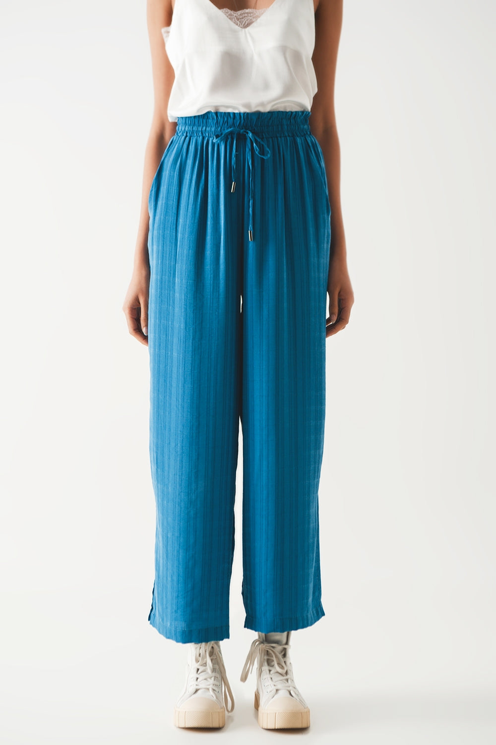 Pantalon large taille élastique bleu