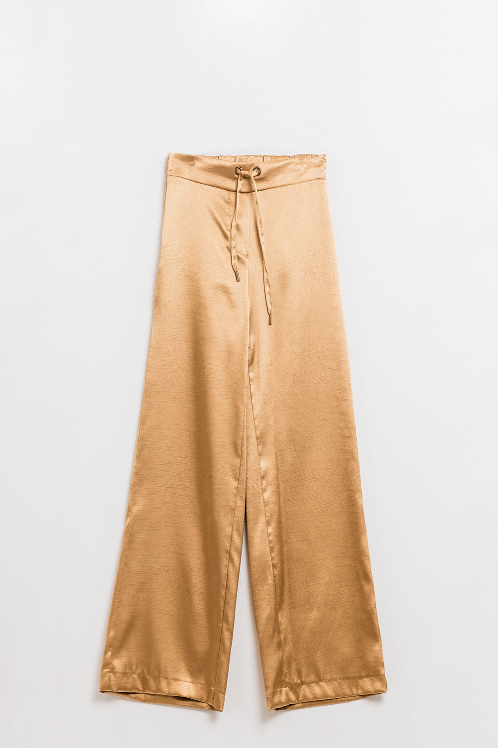 Q2 Pantalon large taille haute en satin beige doré avec cordon de serrage