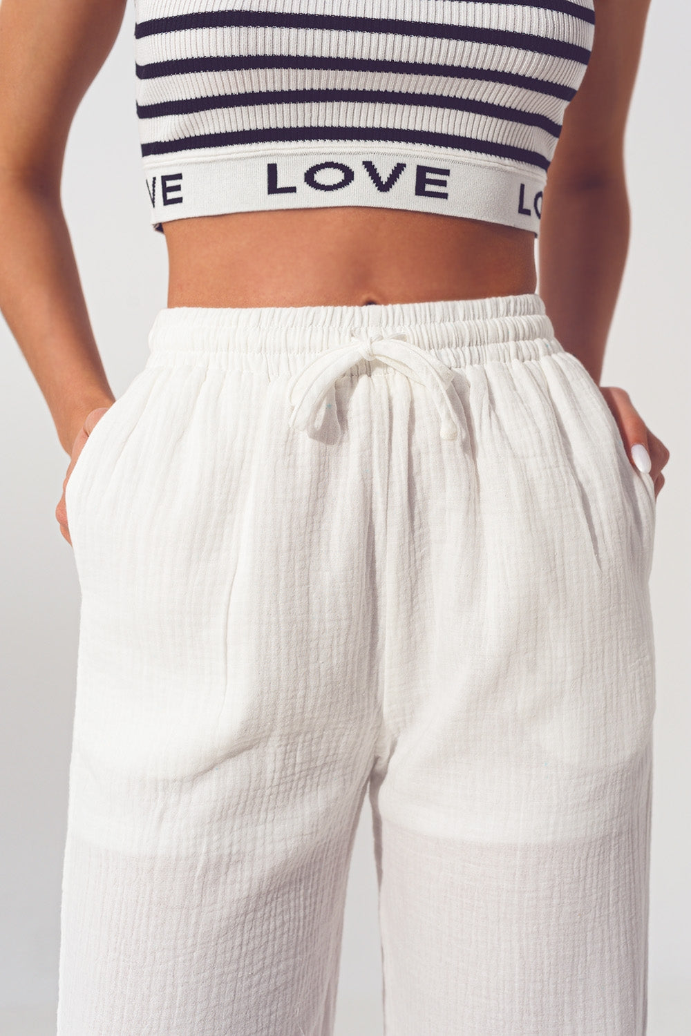 Pantalon Large Texturé en Blanc