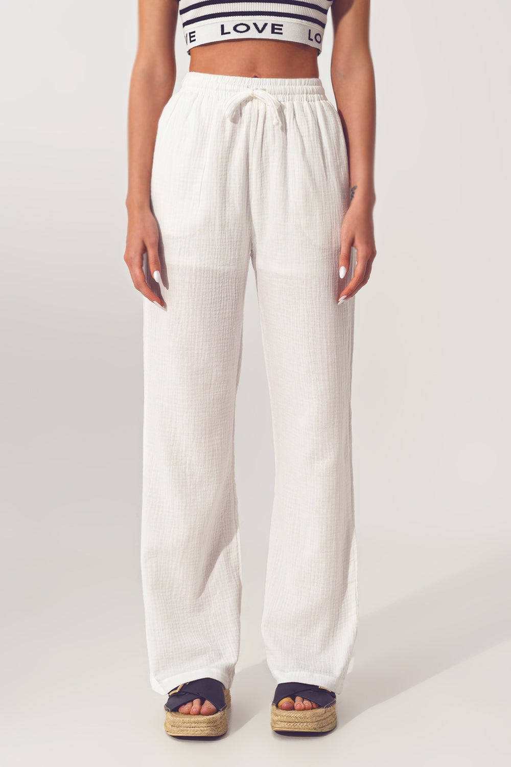 Pantalon Large Texturé en Blanc