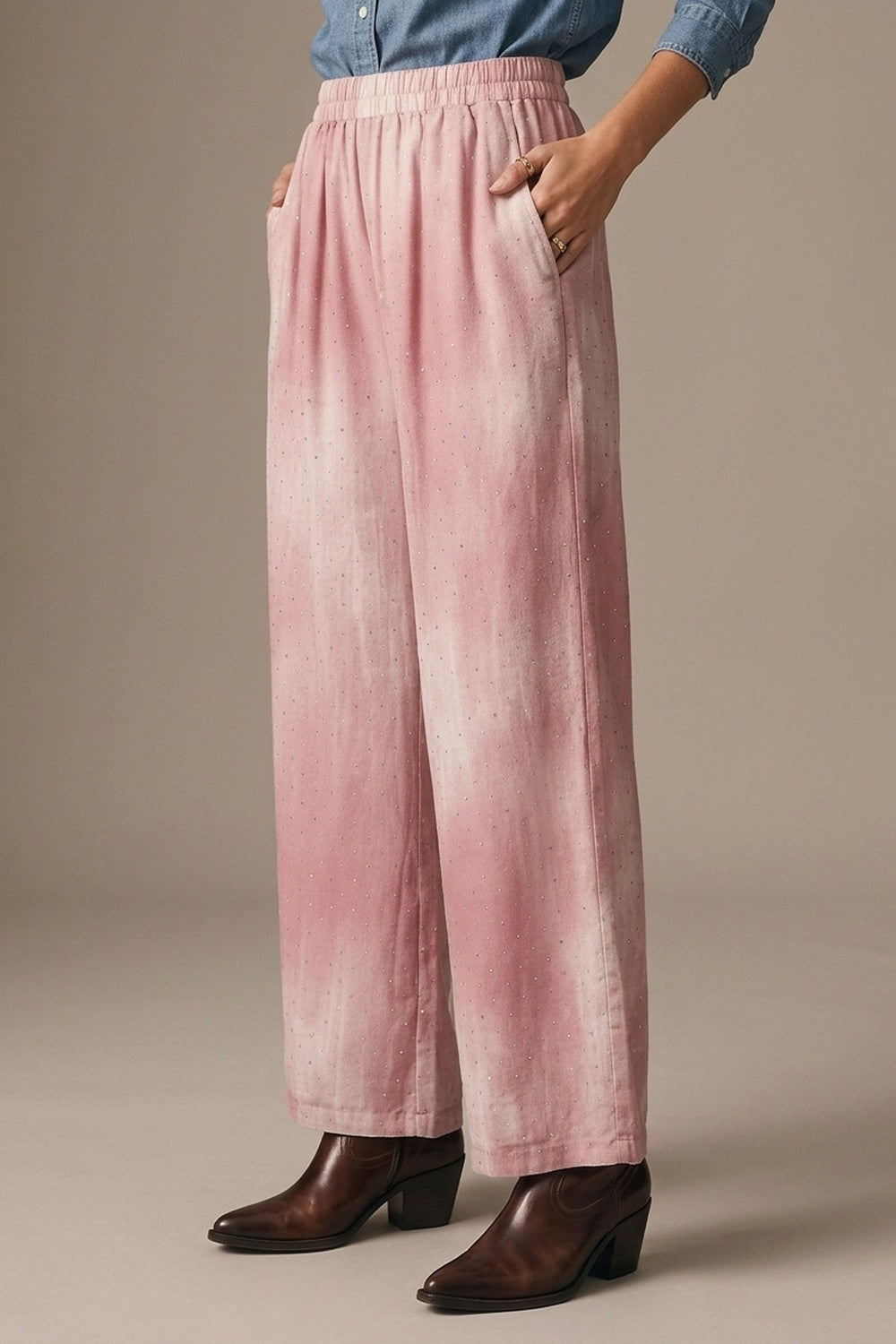 Q2 Pantalon Large Tie-Dye Rose avec taille élastique et strass embellis