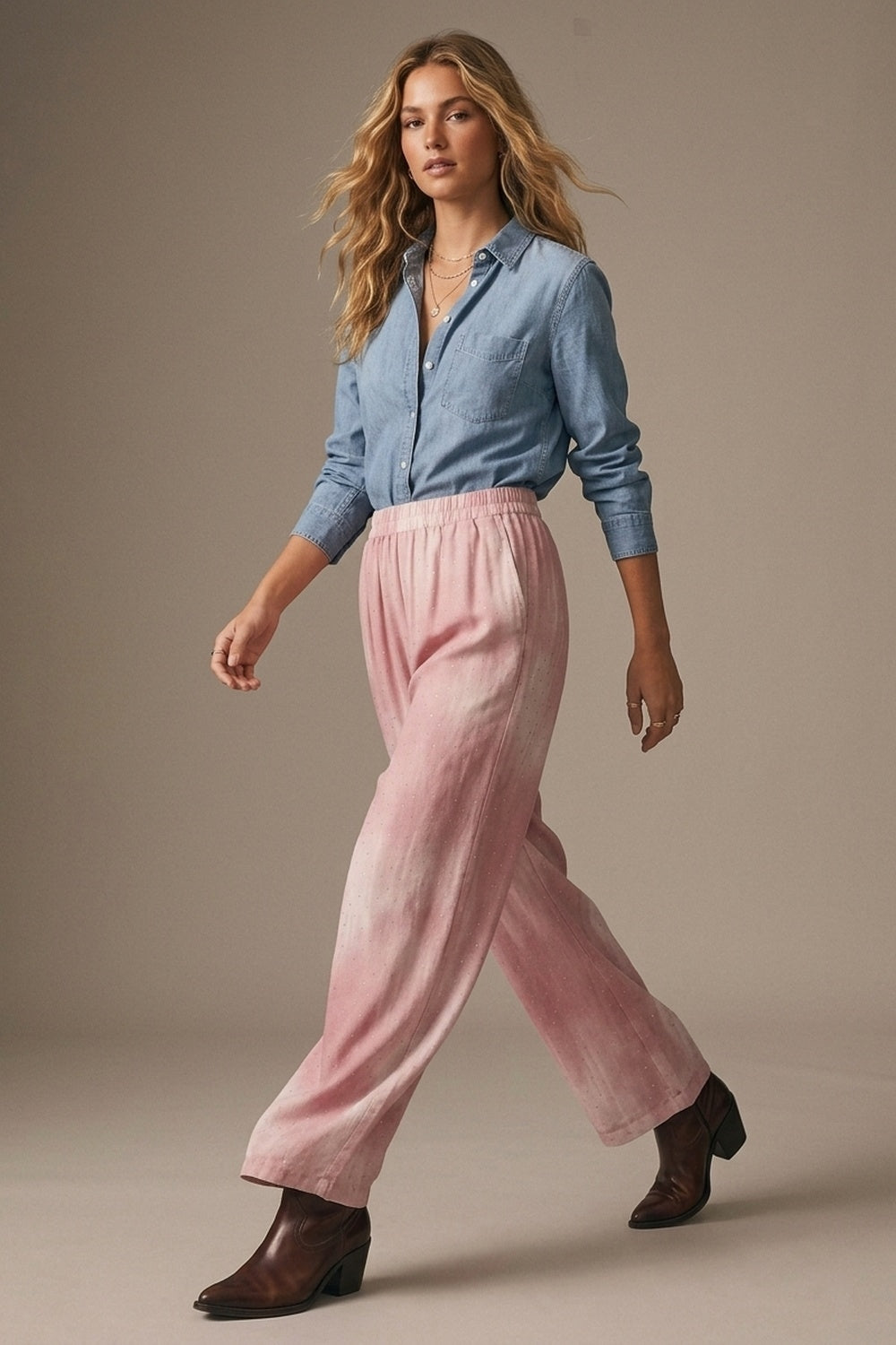 Pantalon Large Tie-Dye Rose avec taille élastique et strass embellis