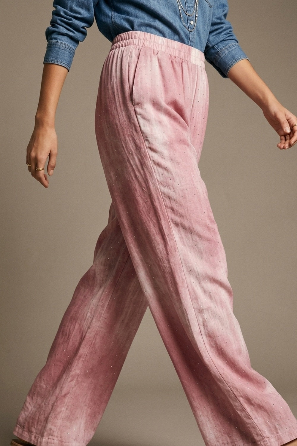 Pantalon Large Tie-Dye Rose avec taille élastique et strass embellis