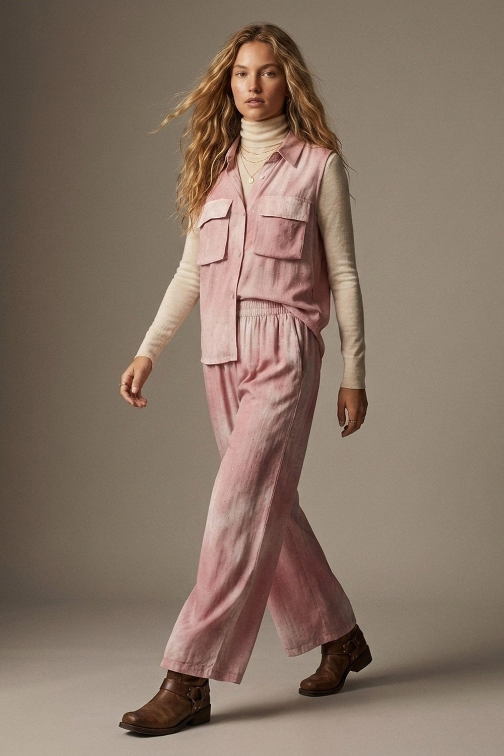 Pantalon Large Tie-Dye Rose avec taille élastique et strass embellis
