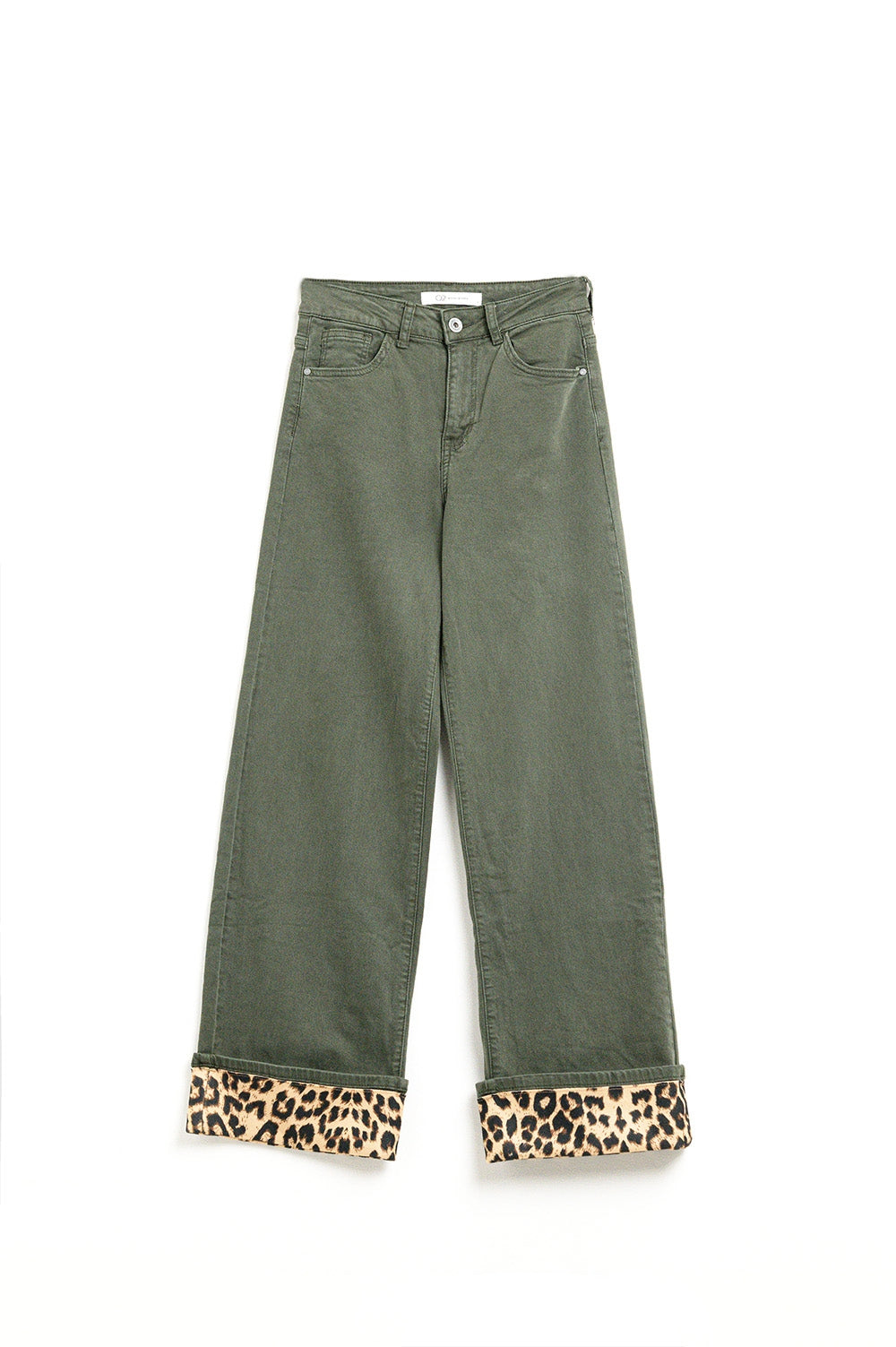 Q2 Pantalon large vert militaire avec imprimé léopard au bas de la jambe