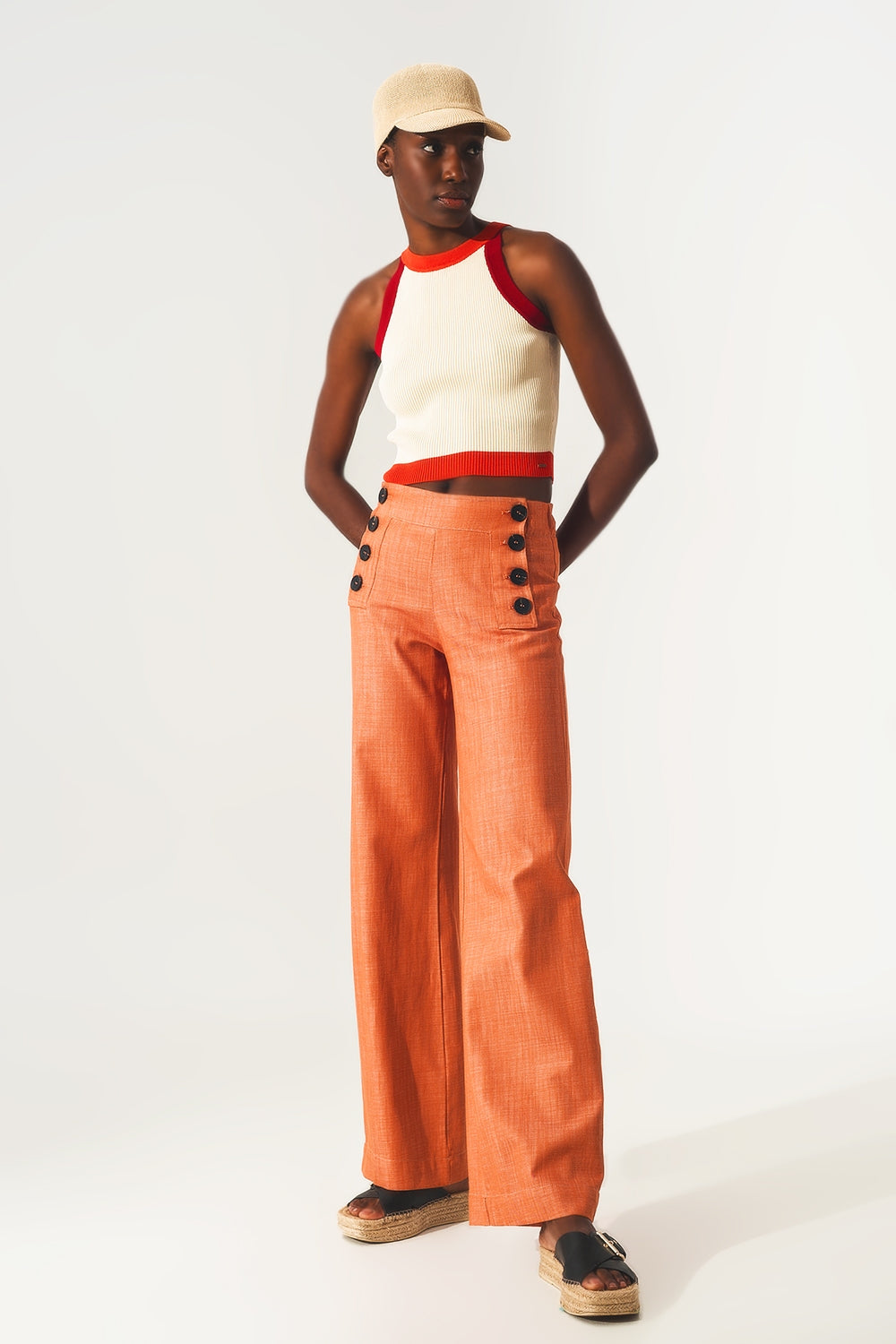 Pantalon marine à fermeture boutonnée Orange