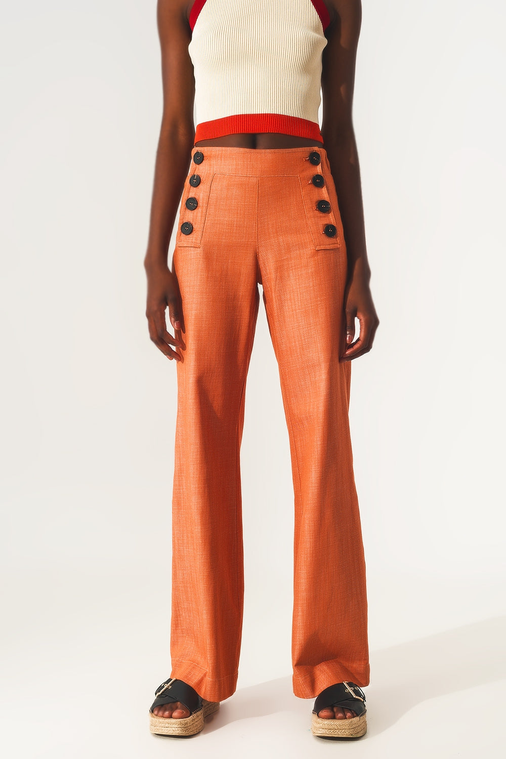 Q2 Pantalon marine à fermeture boutonnée Orange