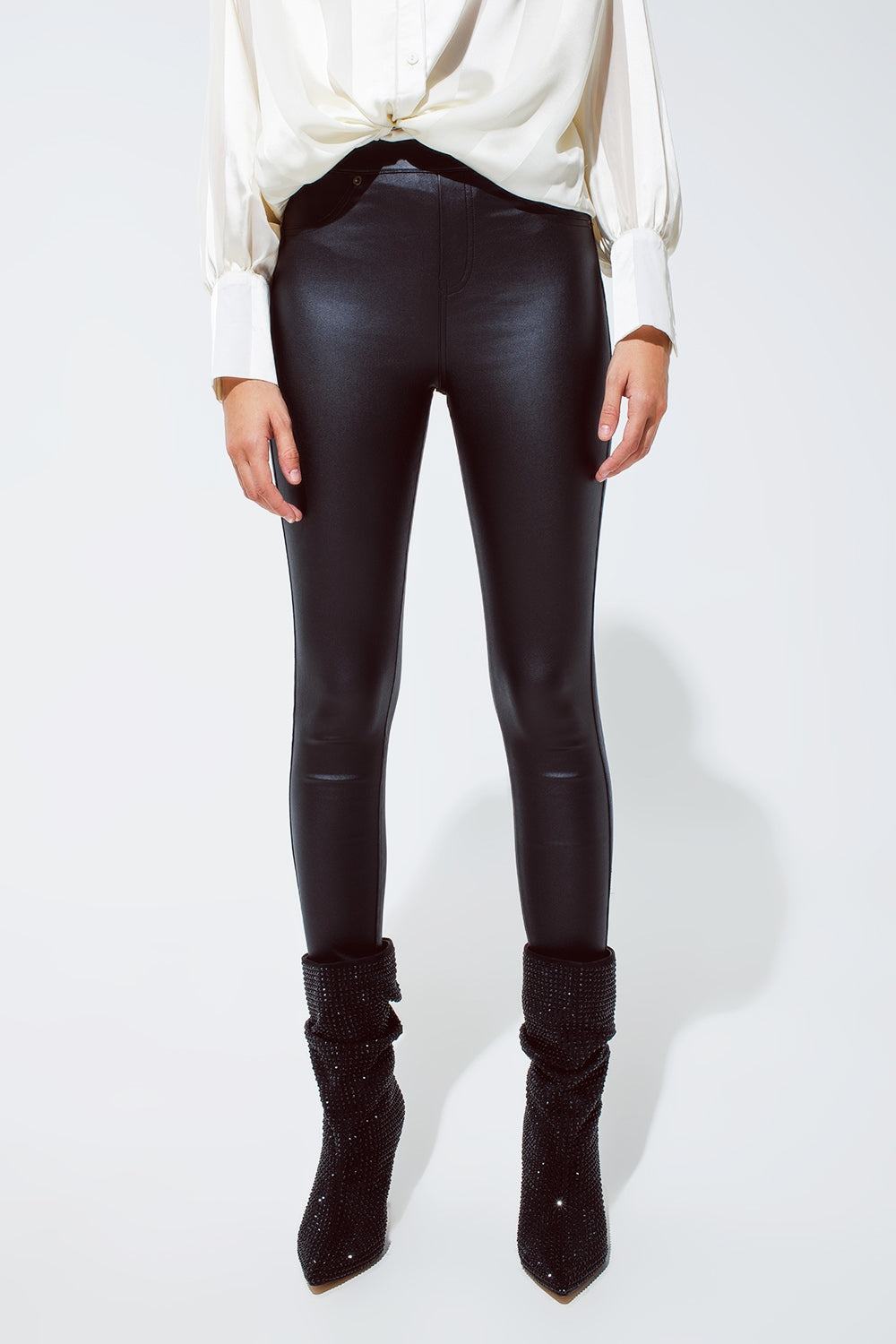 Q2 Pantalon noir de style brillant avec bande élastique