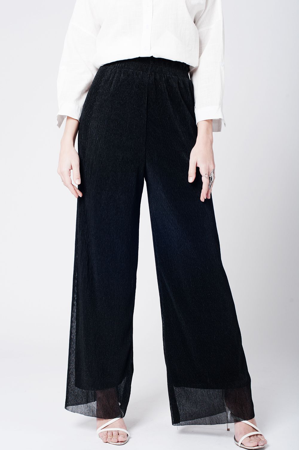 Q2 Pantalon noir large plissé à ourlet brut