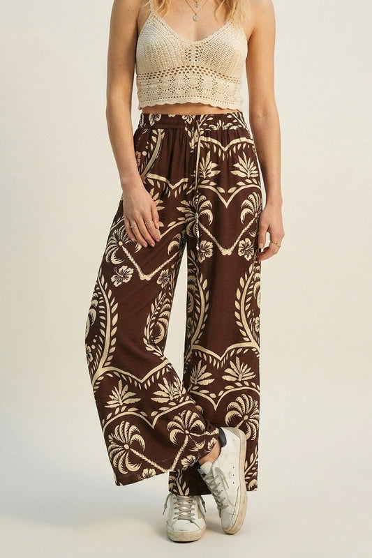 Q2 Pantalon Palazzo Marron à Imprimé Floral Large