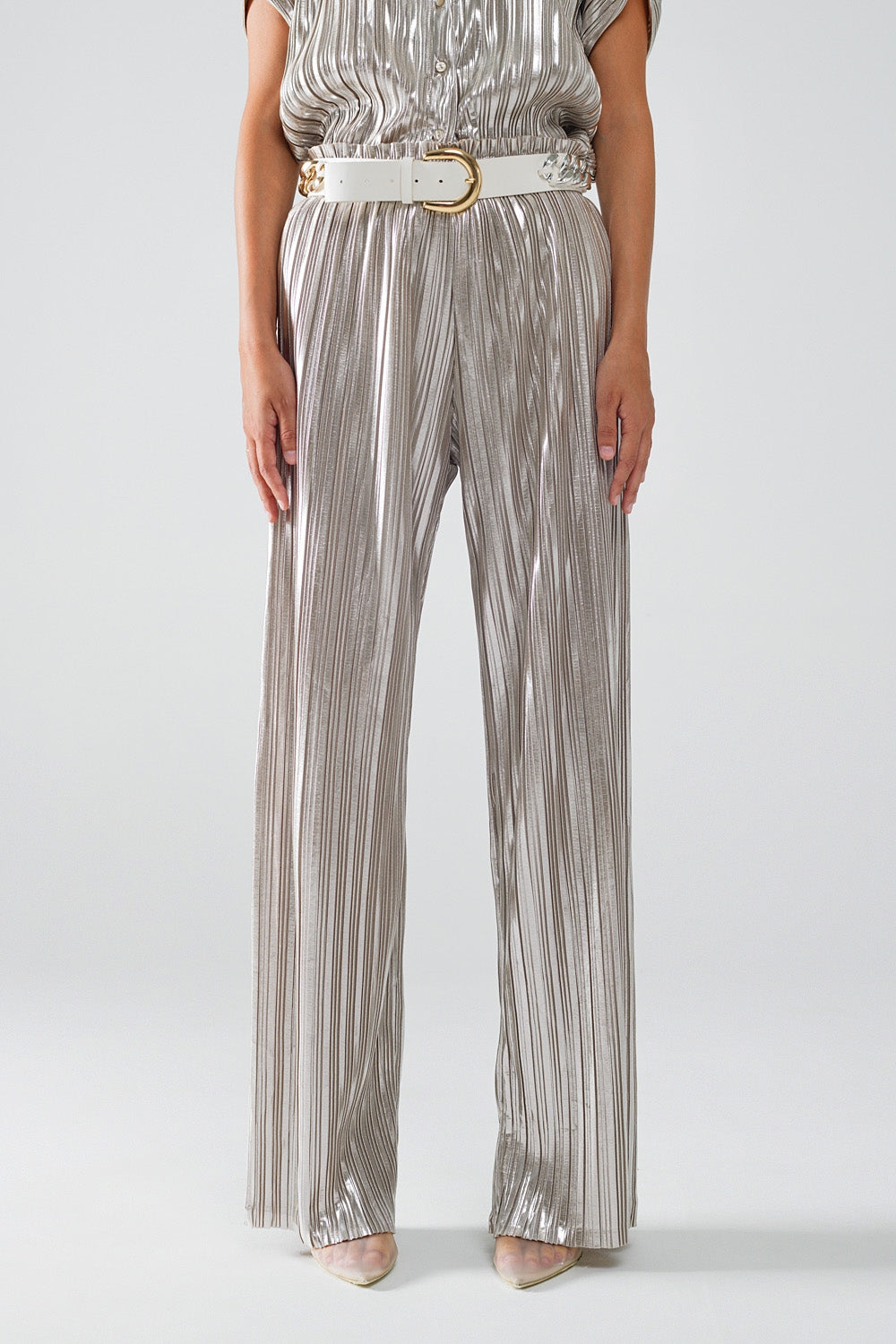 Q2 Pantalon plissé argenté avec ceinture élastique