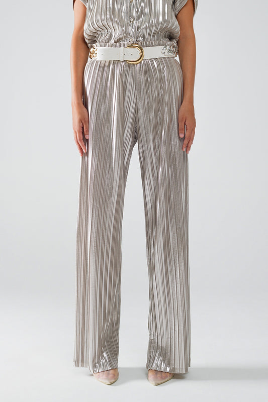 Q2 Pantalon plissé argenté avec ceinture élastique