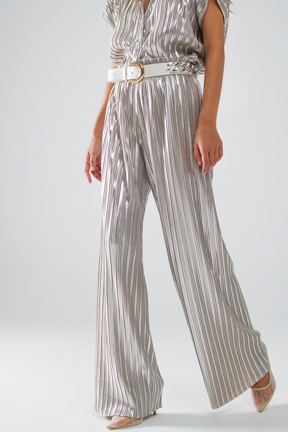Pantalon plissé argenté avec ceinture élastique