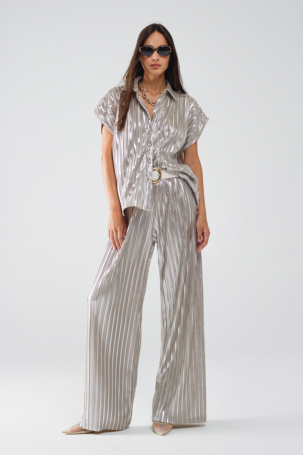 Pantalon plissé argenté avec ceinture élastique