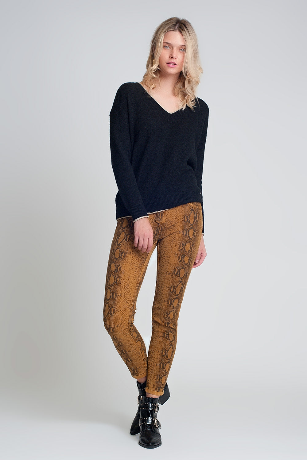 Q2 Pantalon réversible super skinny Mustard avec imprimé serpent