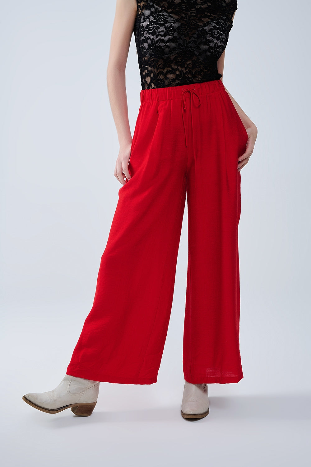 Q2 Pantalon rouge à jambe large en viscose légère