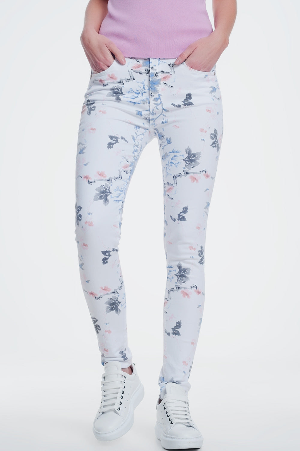 Q2 Pantalon skinny blanc à imprimé floral