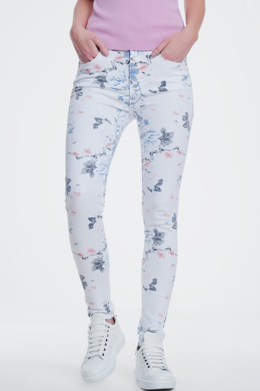 Q2 Pantalon skinny blanc à imprimé floral