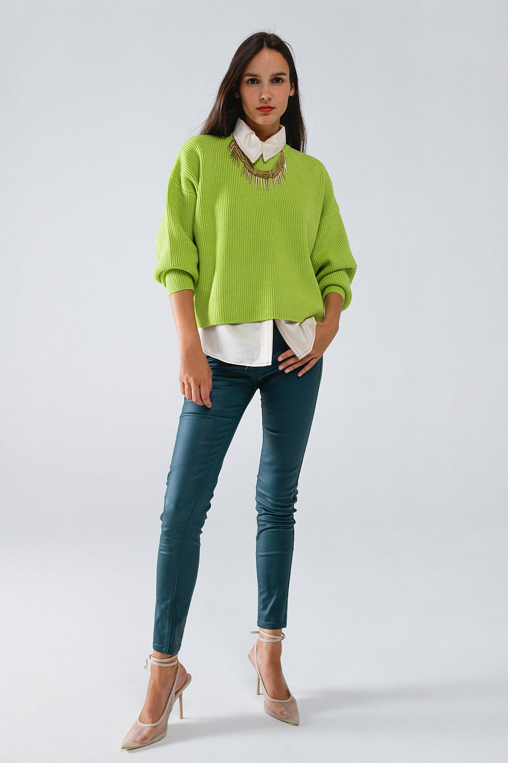 Pantalon skinny en faux cuir vert foncé