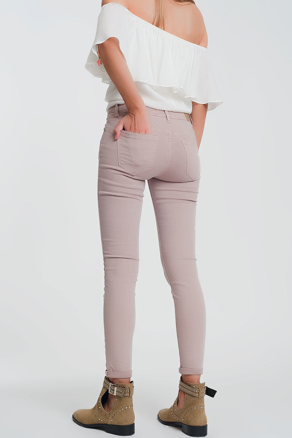 Pantalon skinny taille haute en rose