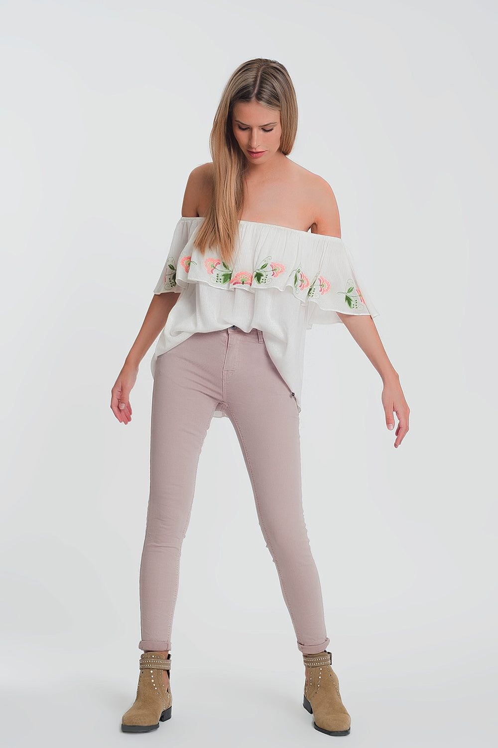 Pantalon skinny taille haute en rose