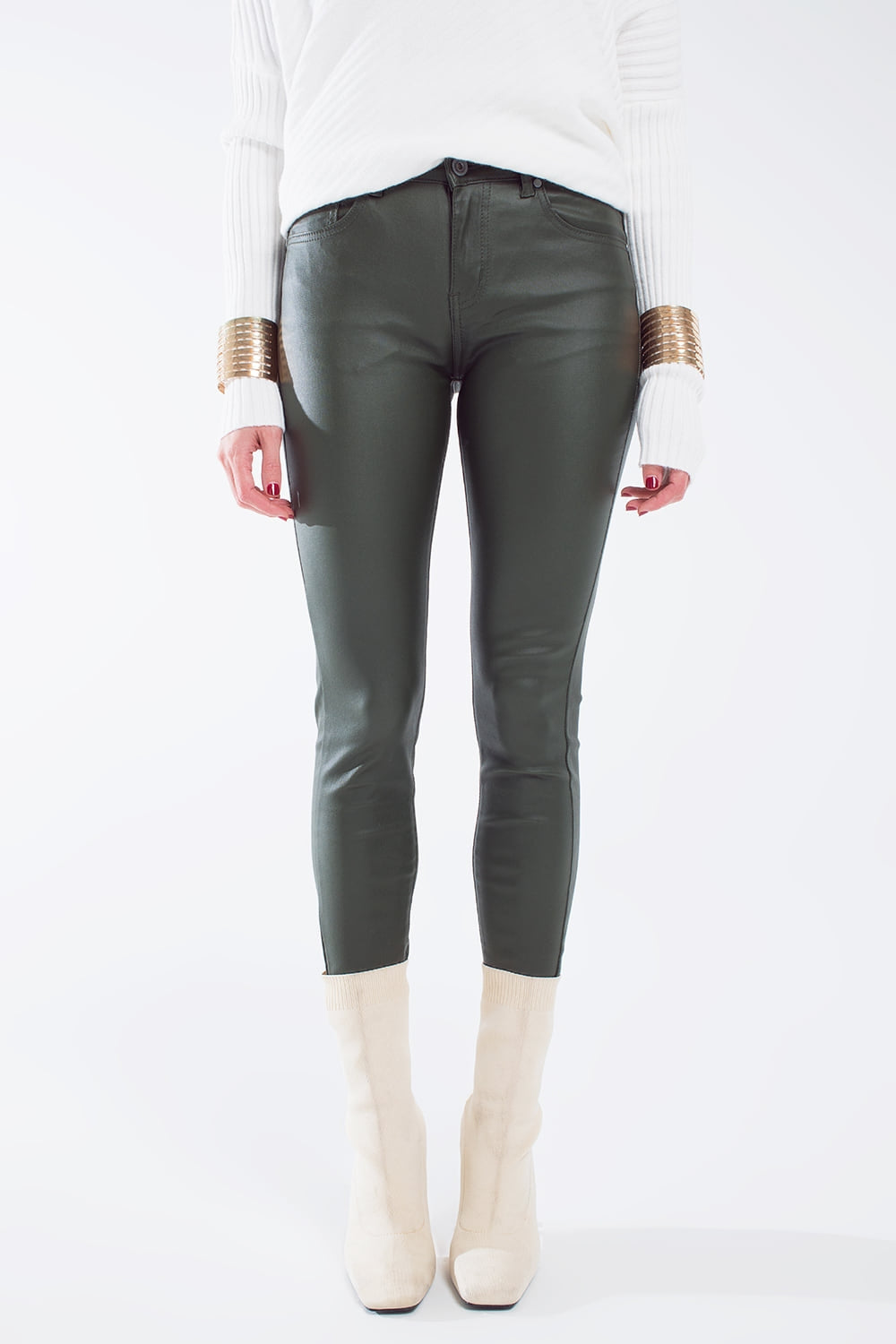 Q2 pantalon super skinny à effet simili-cuir vert olive