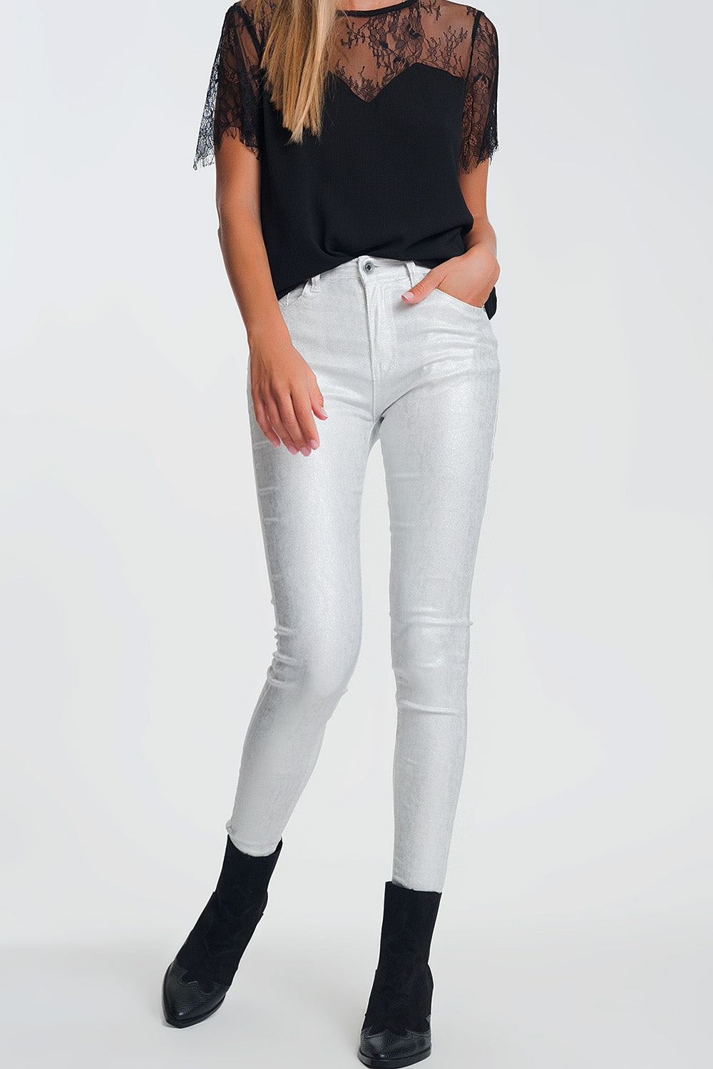 Q2 Pantalon super skinny à taille haute avec éclat d'argent en Blanc