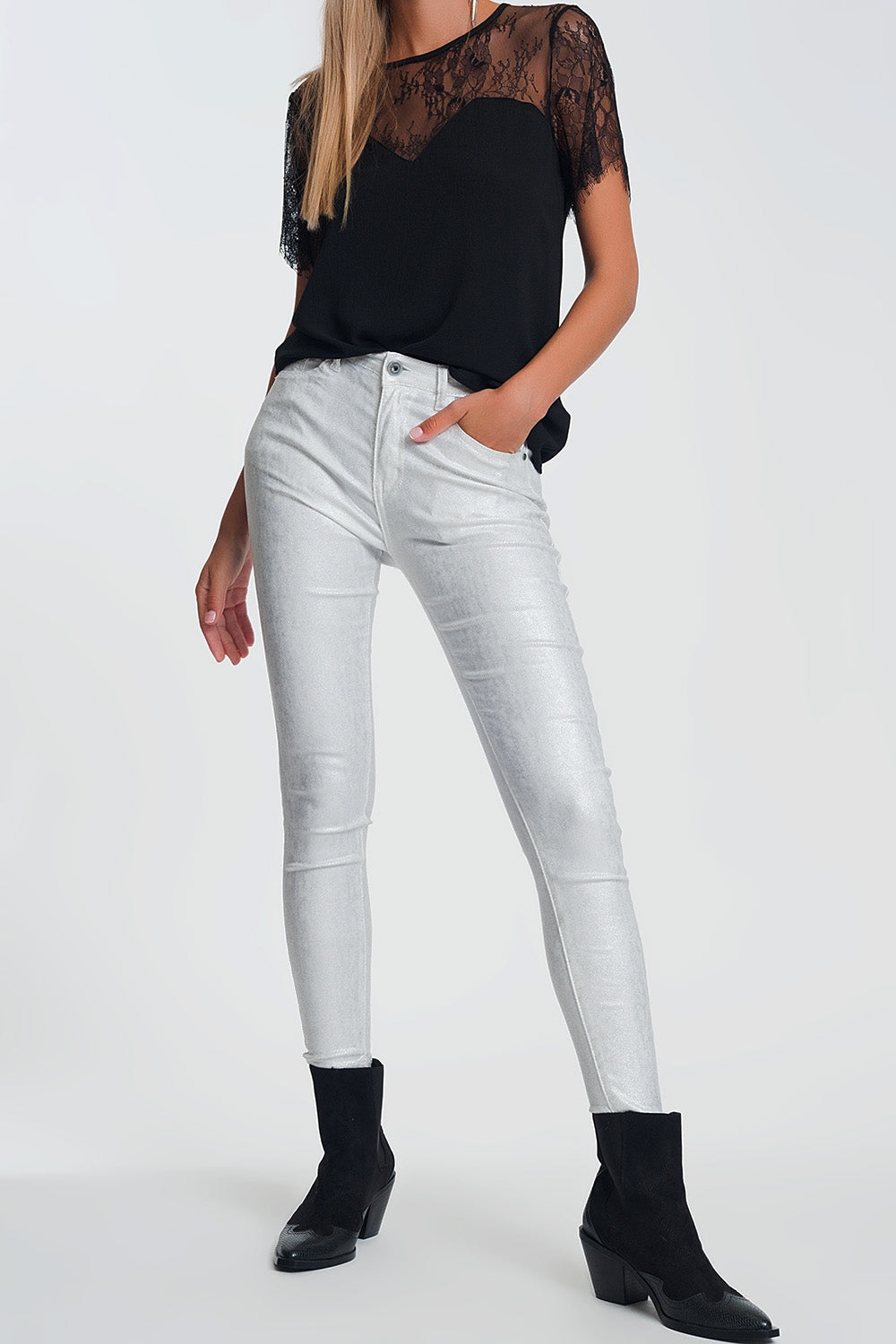 Pantalon super skinny à taille haute avec éclat d'argent en Blanc