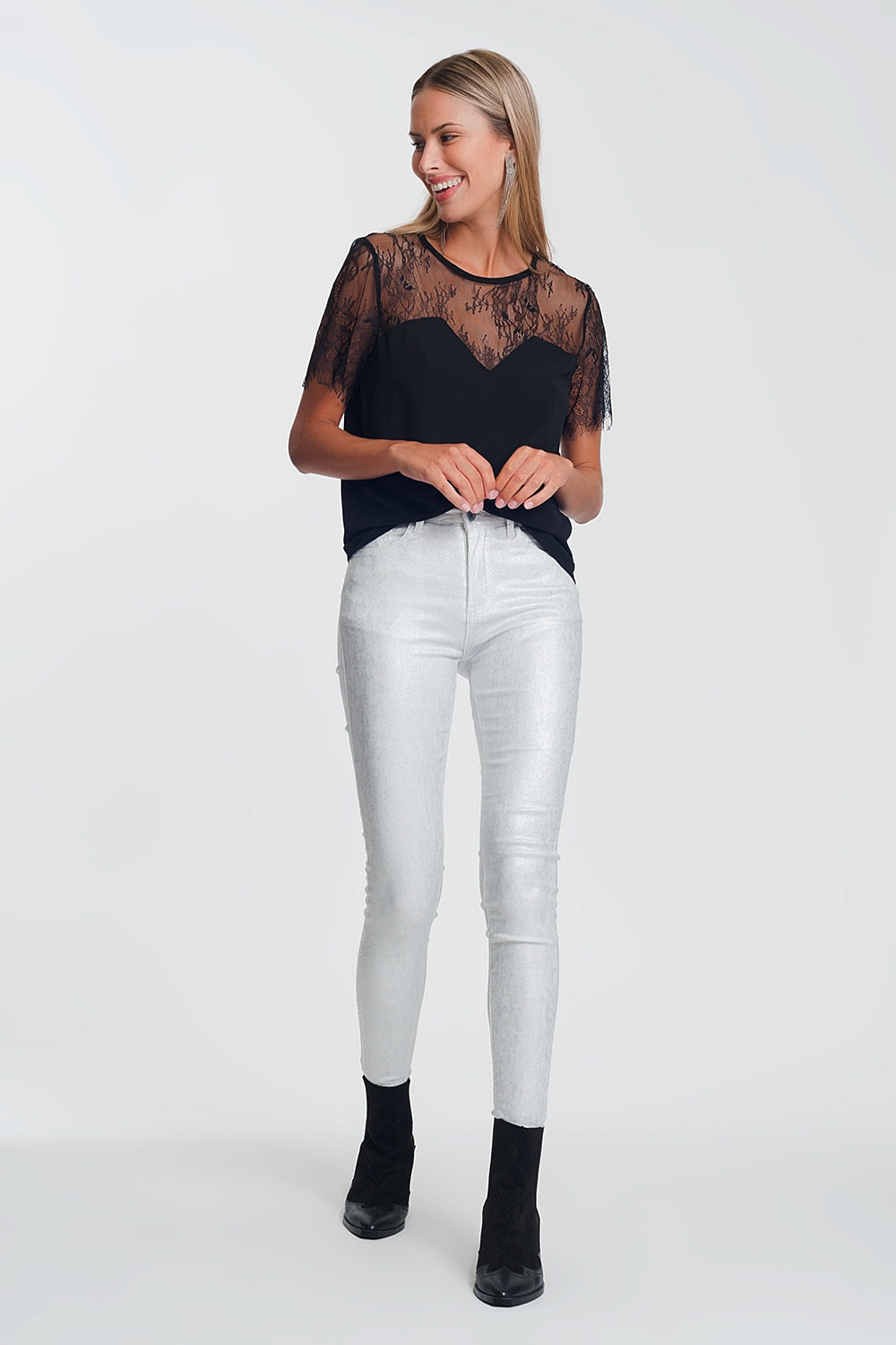 Pantalon super skinny à taille haute avec éclat d'argent en Blanc