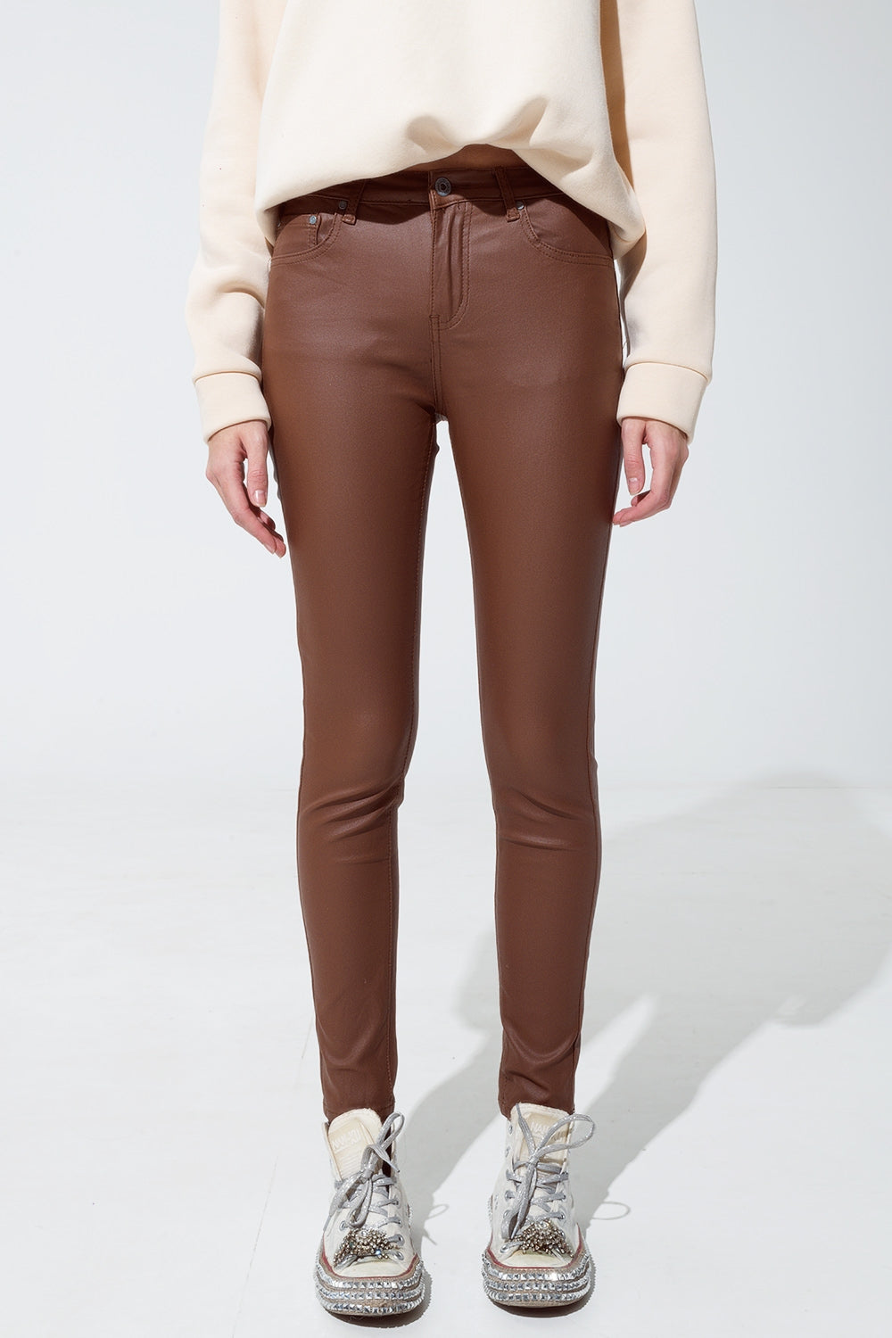 Q2 Pantalon super skinny effet similicuir marron clair