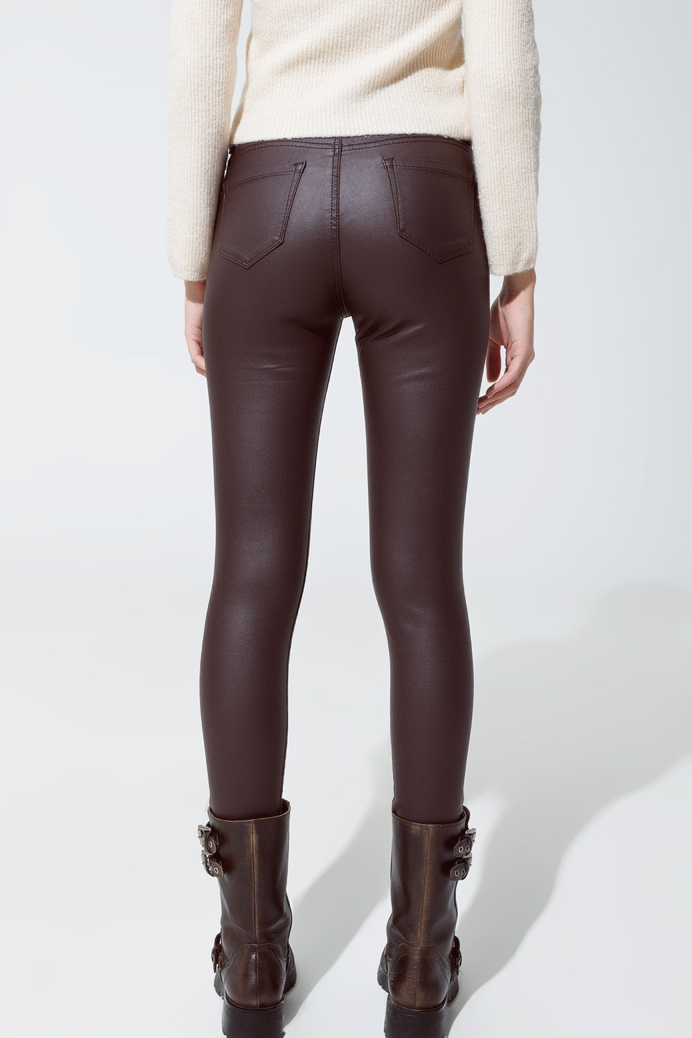 Pantalon super skinny en similicuir marron foncé