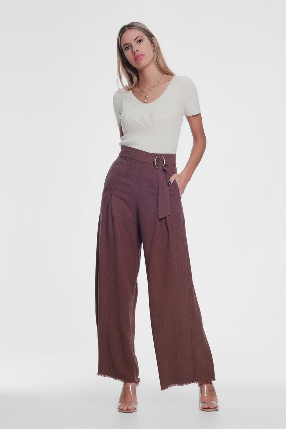 Pantalon taille haute coupe large avec ceinture