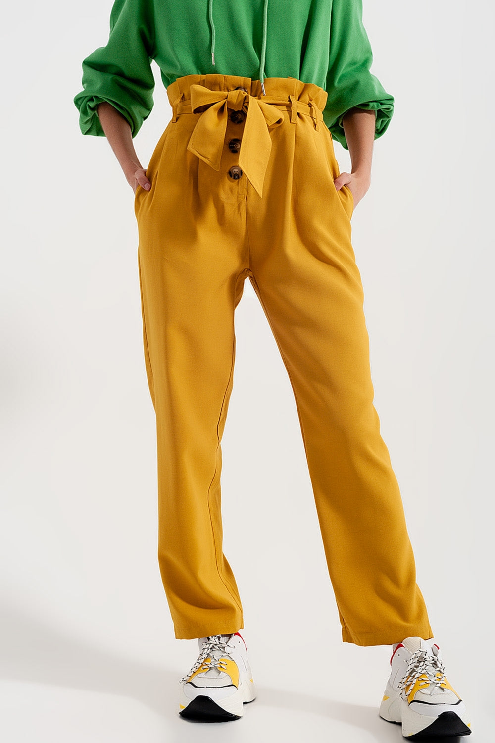 Pantalon taille haute froncée avec ceinture Jaune