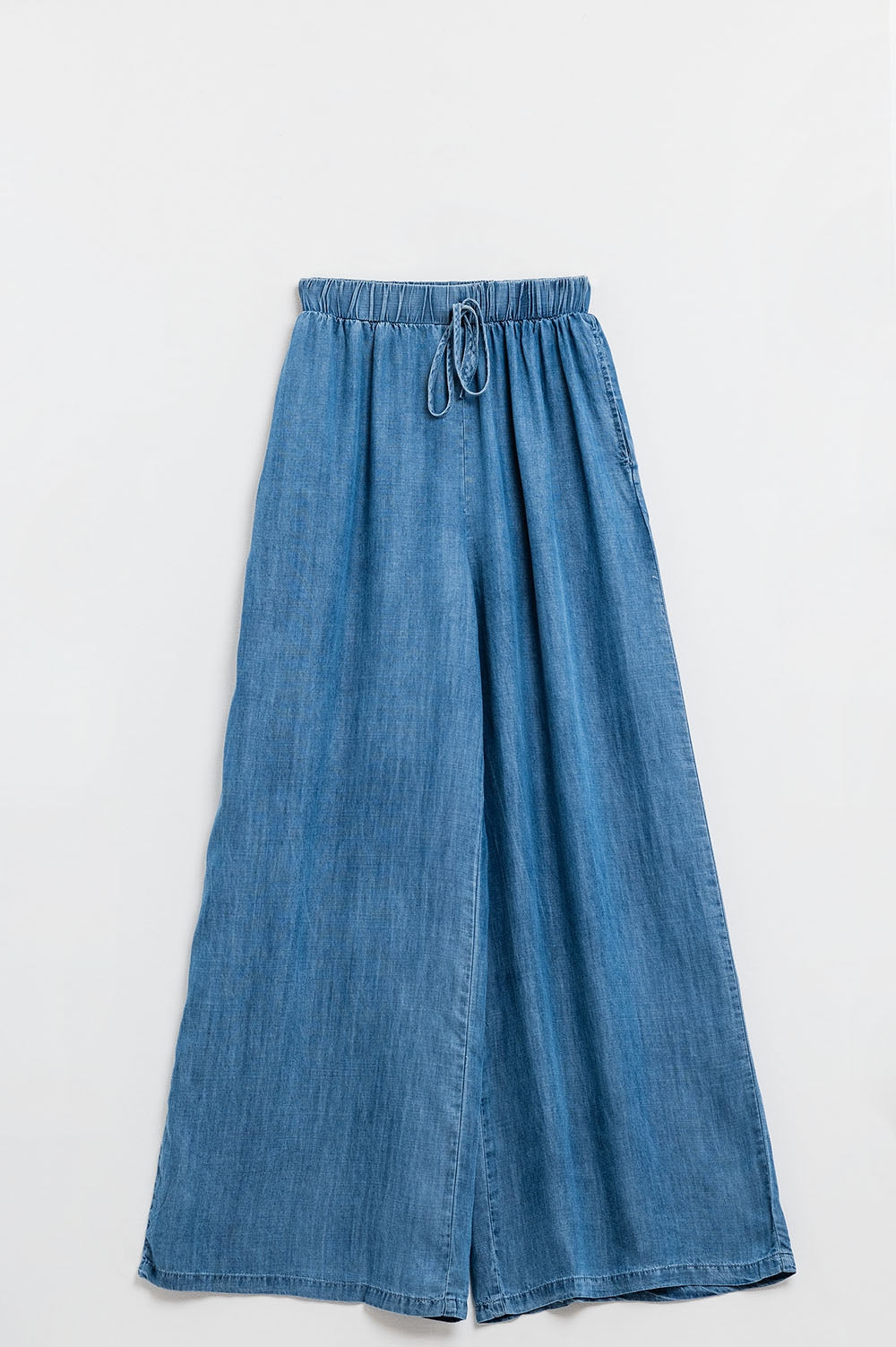 Pantalon tencel fluide à jambes larges en denim bleu