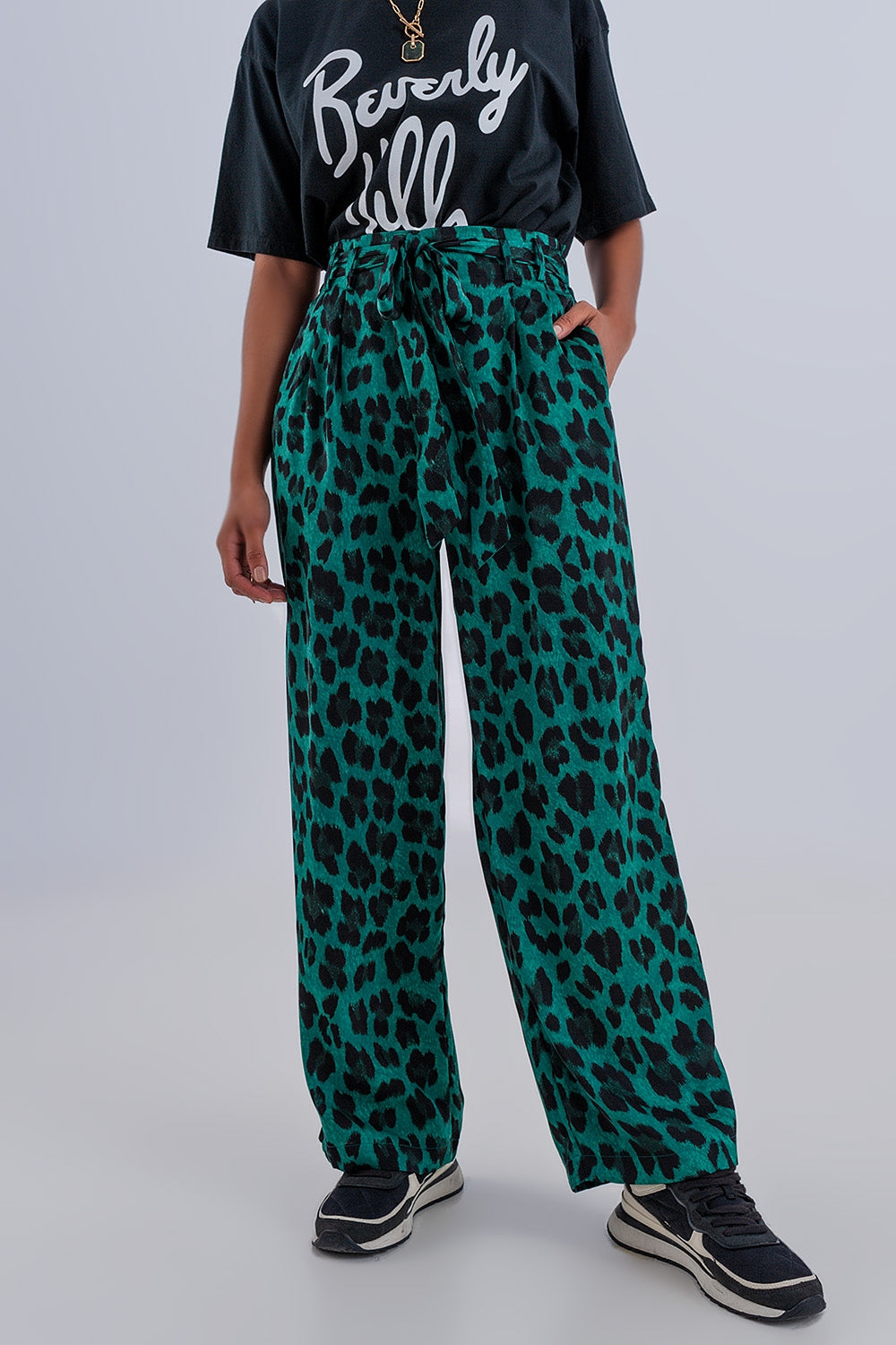 Pantalon vert large imprimé léopard