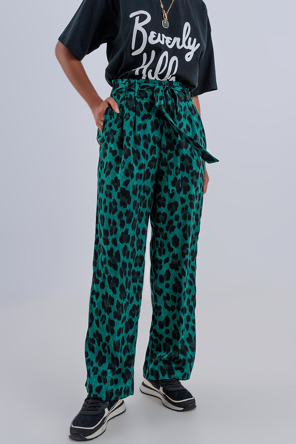 Pantalon vert large imprimé léopard