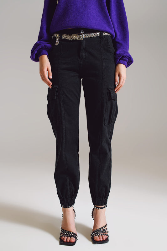 Q2 pantalons cargo noirs avec taille et ourlet élastiques
