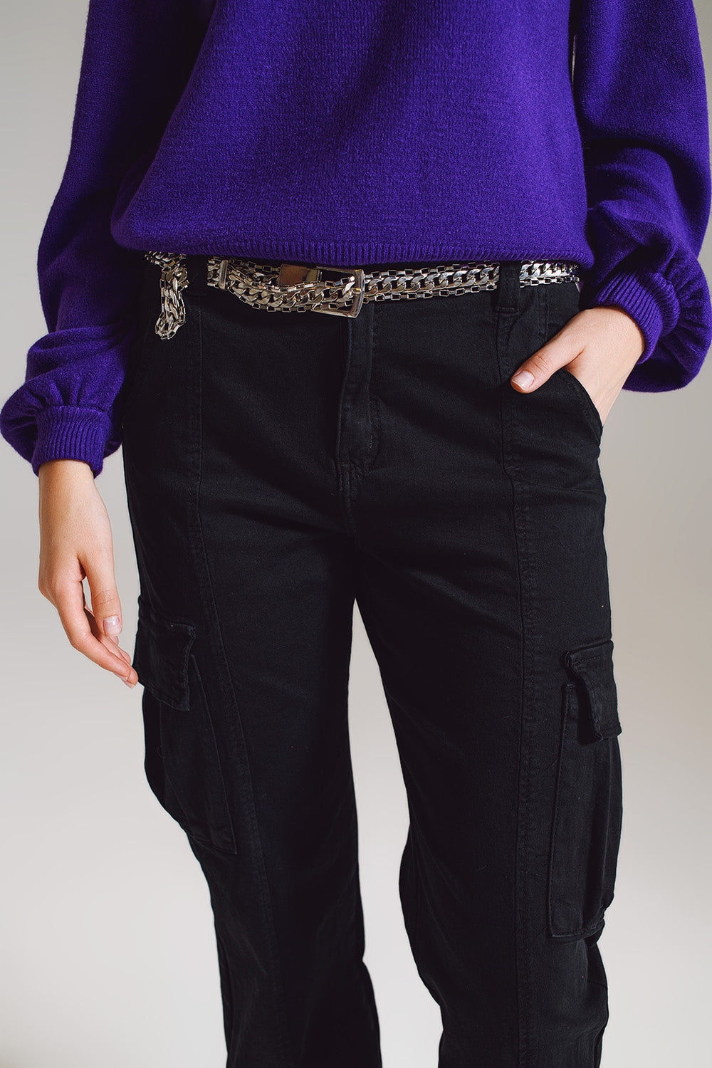 pantalons cargo noirs avec taille et ourlet élastiques