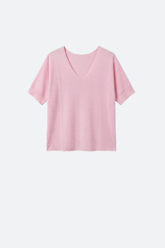 Q2 Pull en maille douce rose à col en V et coupe décontractée