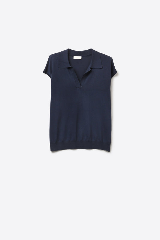 Q2 Polo à Manches Courtes en Tricot Fin Bleu Marine
