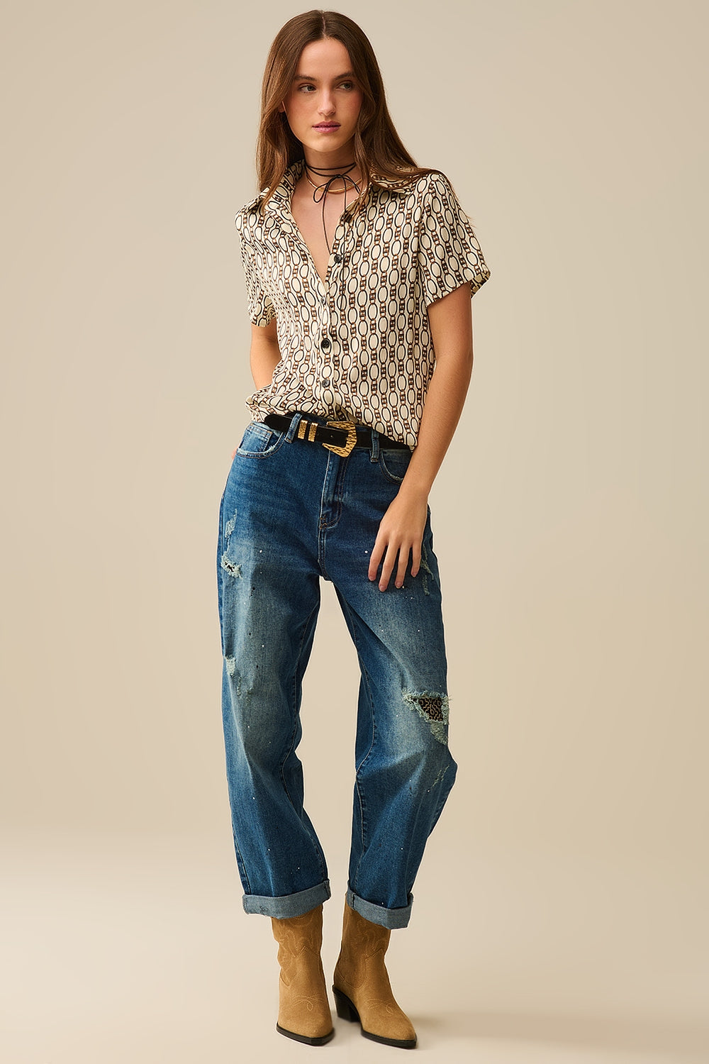 Polo beige à manches courtes imprimé chaîne