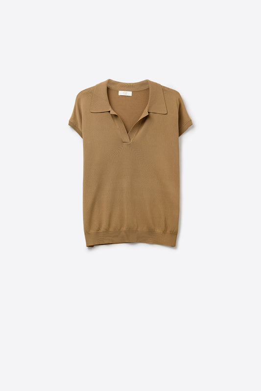 Q2 Polo en Maille Fine Camel à Manches Courtes
