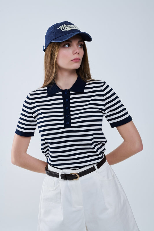 Q2 Polo en maille rayée marine et blanche