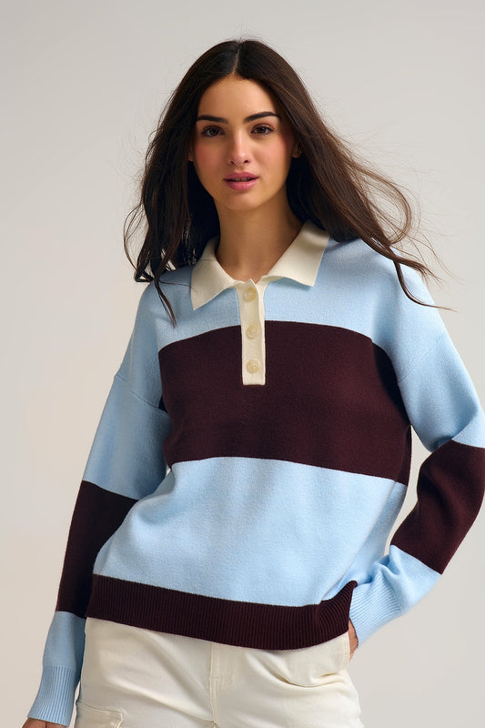 Q2 Polo en tricot bleu à rayures marron